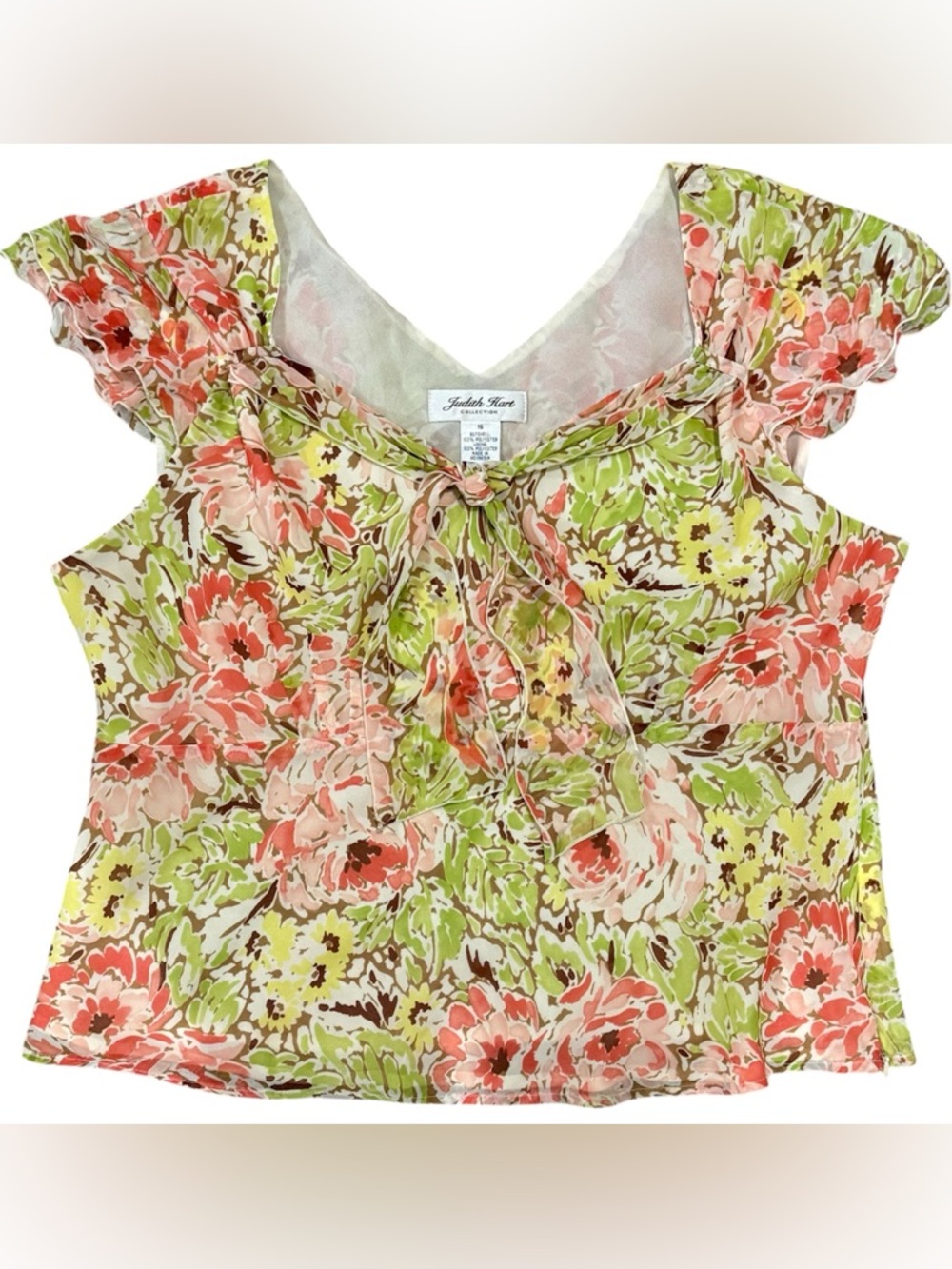 Judith Hart Vintage Top Women 16 Coral Lime Chiffon Y2K Cottagecore Tie